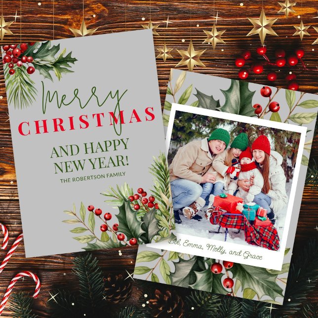 Foto Holly Pine Red Berries Graue Weihnachtskarte Einladung (Von Creator hochgeladen)