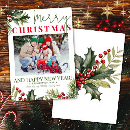 Foto Holly Pine Red Berries White Christmas Card Einladung