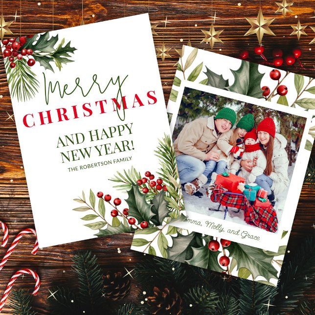 Foto Holly Pine Red Berries White Christmas Card Einladung (Von Creator hochgeladen)