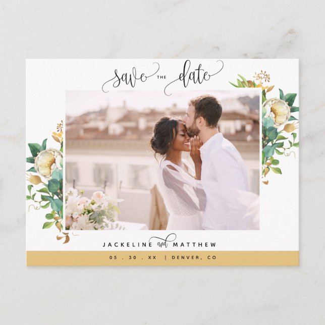 Foto, Honey, White Floral Wedding Save the Date Postkarte (Vorderseite)
