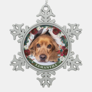 Foto Hunde Rote Rose Kranz Schneeflocken Zinn-Ornament