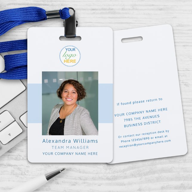 Foto-ID Firmenlogo Sicherheit Ausweis (Custom photo id your logo here security badge Blue and gray lanyard modern professional design )