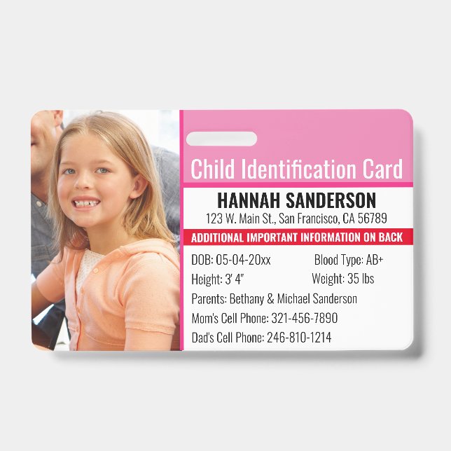 Foto Identification Emergency Allergy Child ID Ausweis (Vorderseite)