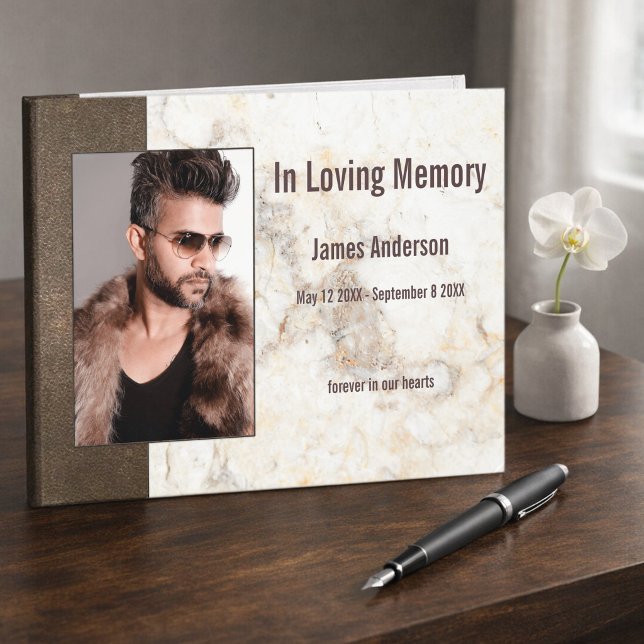 Foto Imitate Leather Marble Gästebuch (Guest book featuring your custom photo framed by a stylish marble and brown faux leather design)