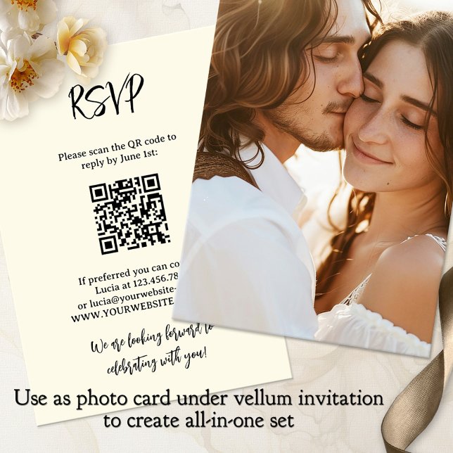 Foto in einer Vellum-Hintergrundhochzeit Einladung (Photo wedding invitation background with RSVP and QR code - all-in-one with vellum invite)