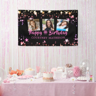 Foto jedes Alters Schwarz Rosa Sterne Geburtstag Banner