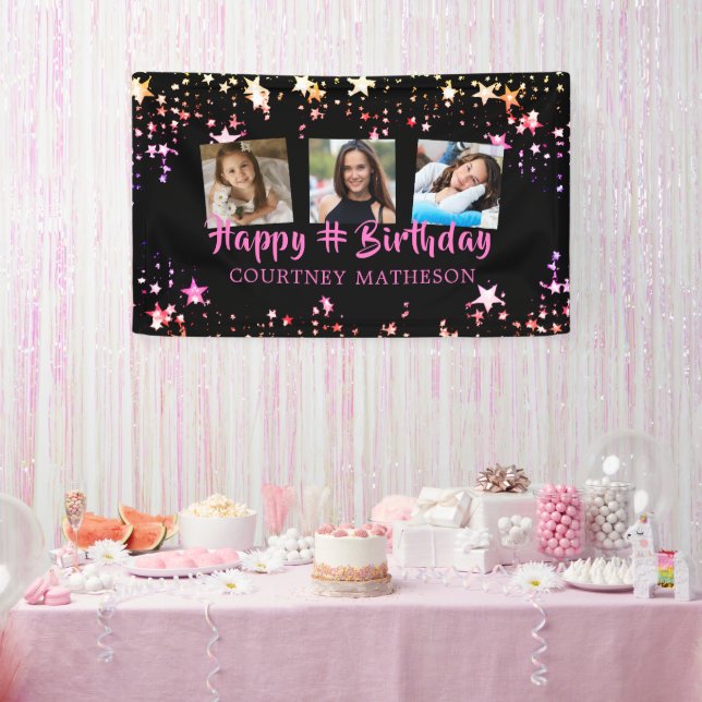 Foto jedes Alters Schwarz Rosa Sterne Geburtstag Banner (Party)