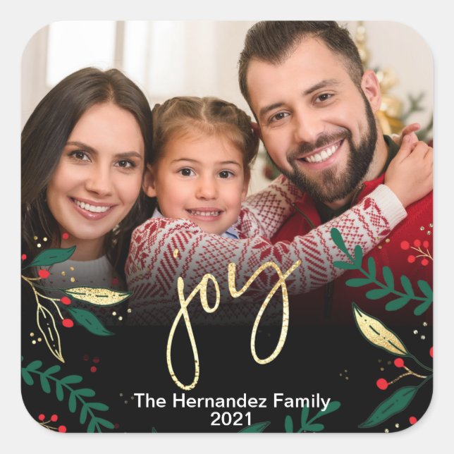 Foto Joy Black Red Green Gold Grün Weihnachten Quadratischer Aufkleber (Vorderseite)