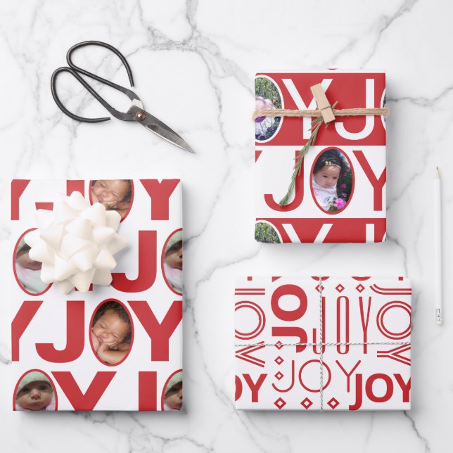 Foto JOY Red and White Modern Birthday Weihnachten Geschenkpapier Set (Vorderseite)