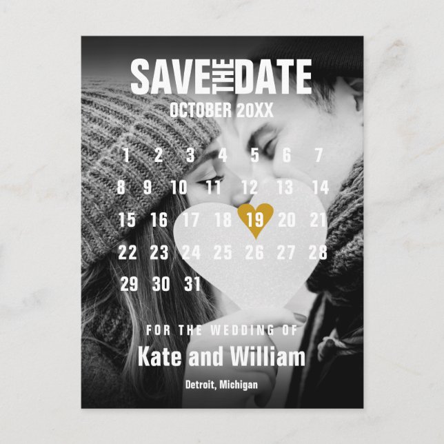 Foto Kalender Gold Heart Wedding Save the Date Ankündigungspostkarte (Vorderseite)