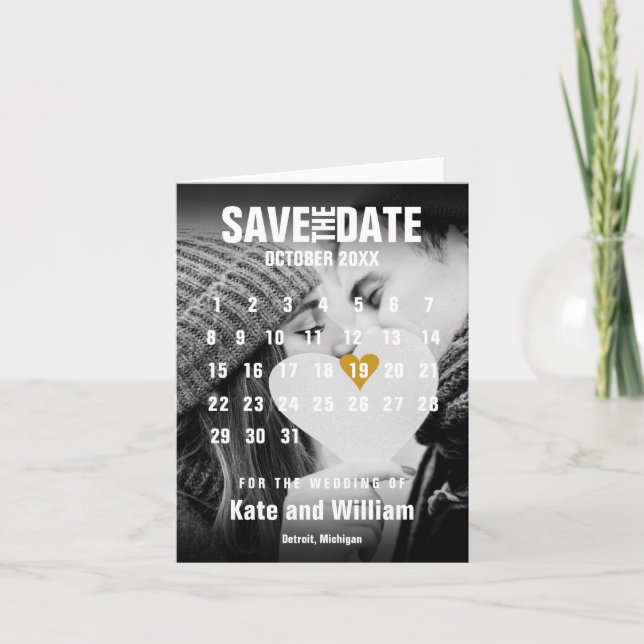 Foto Kalender Modernes Goldenes Herz Save the Date Ankündigung (Vorderseite)