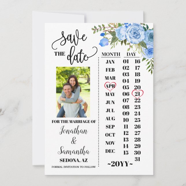 Foto Kalender Save the Date Blaue Blumenhochzeit Einladung (Vorderseite)