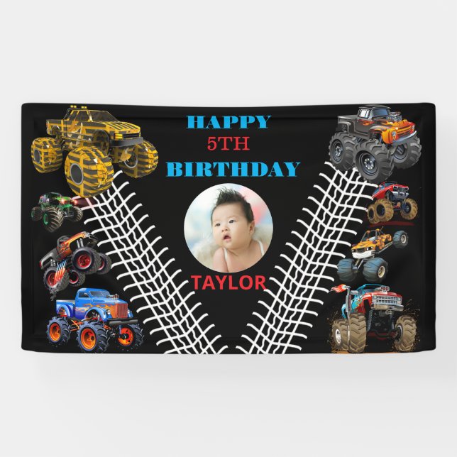 Foto Kids Monster Truckboy Birthday Party Banner (Horizontal)