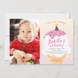FOTO KIDS PARTY INVITE Retro-Eis Kegel pink Einladung