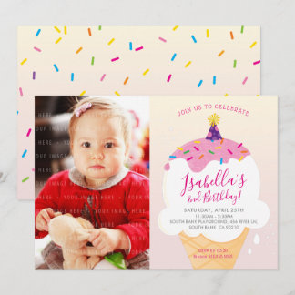 FOTO KIDS PARTY INVITE Retro-Eis Kegel pink Einladung