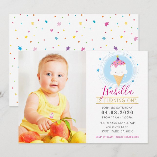 FOTO KINDERGEBURTSTAG PARTY farbig niedliche Eiscr Einladung (Vorne/Hinten)
