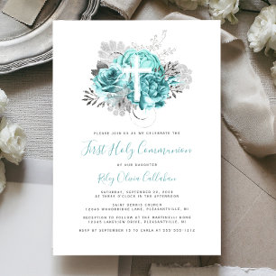 Foto Kreuz Aqua Silber Floral Erstkommunion Einladung