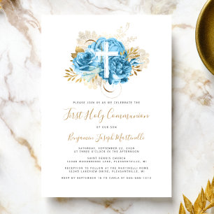 Foto Kreuz Blau Gold Blumen Erstkommunion Einladung