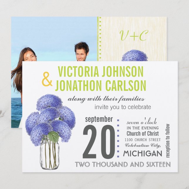 Foto Lavender Limon Hydrangea Mason Jar Wedding Einladung (Vorne/Hinten)
