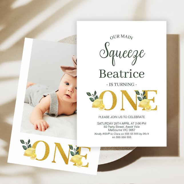 Foto Lemons unser Hauptpresse 1. Geburtstag Einladung (Lemon MAIN SQUEEZE 1st Birthday Invitation Lemonade Birthday Party Invitation Lemon Foliage Birthday)