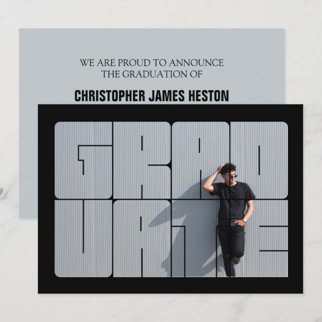 Foto Lettering Blue Abschluss Zeremonie Einladung (Vorne/Hinten)