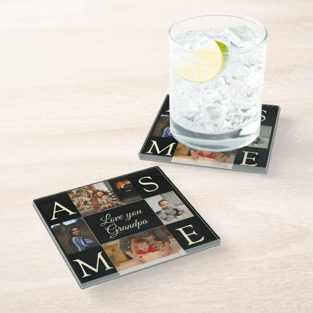 Foto Liebe Sie Opa Minimalistisch Schwarz Glasuntersetzer (Schrägansicht)