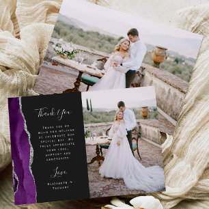 Foto Lila Achat Silber Dunkle Schrift Hochzeit Dankeskarte