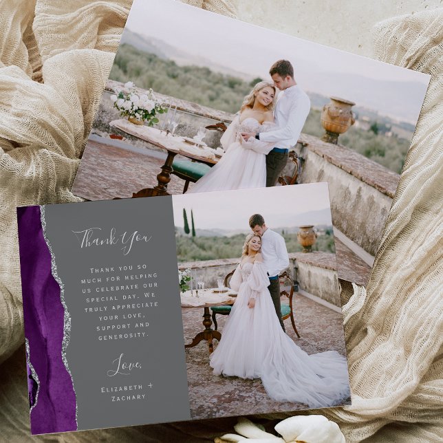 Foto Lila Agate Silver Gray Script Wedding Dankeskarte (Von Creator hochgeladen)