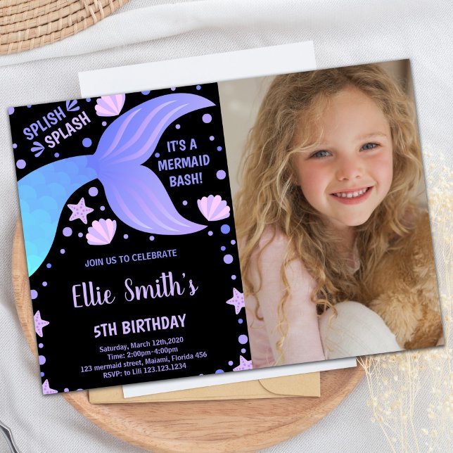 Foto Lila Blue Schwanz Muschel Meerjungfrau Einlad Einladung (Photo Purple Blue Tail Shell Mermaid Invitations)