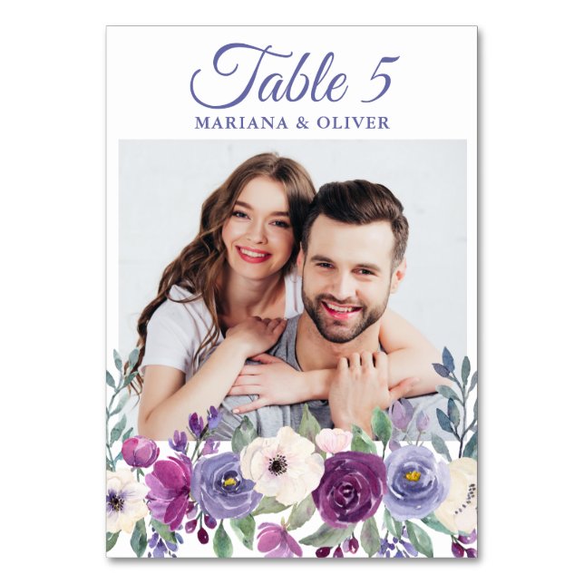 Foto Lila Fuchsia Burgund Blumenhochzeit Tischnummer (Vorderseite)