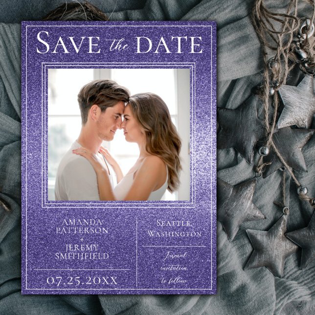 Foto lila Glitzer Save the Date (Purple Glitter Photo Save The Date)