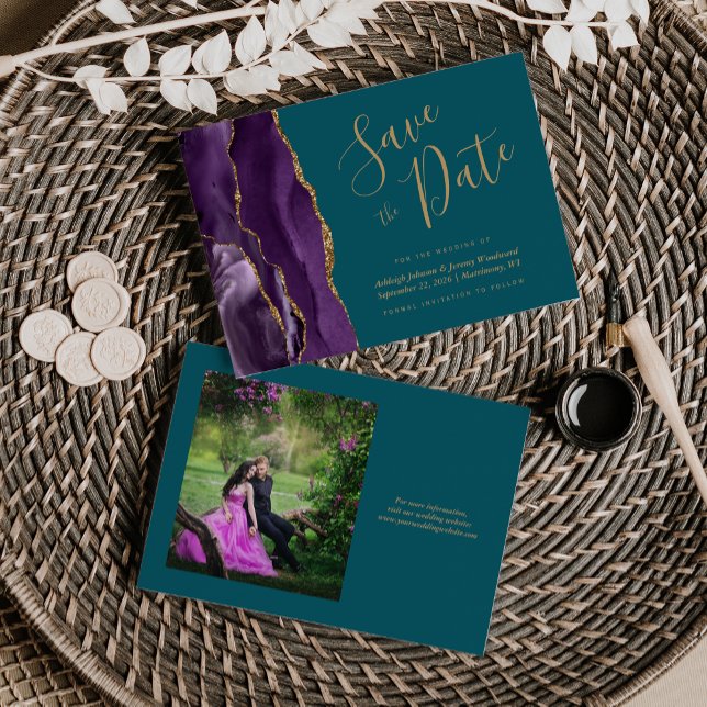 Foto Lila Gold Agate Aquamarin Hochzeit Speichern  Save The Date (Von Creator hochgeladen)