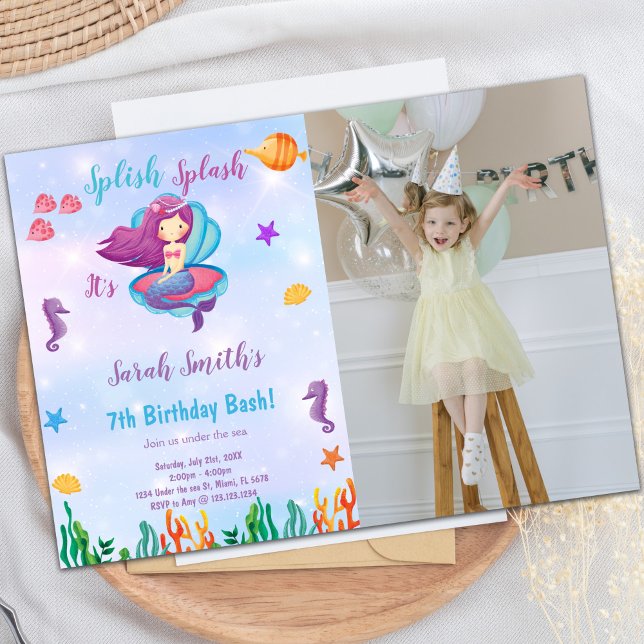 Foto Lila Muschel Mermaid Geburtstag Einladungen (Photo Purple Shell Mermaid Birthday Invitations)