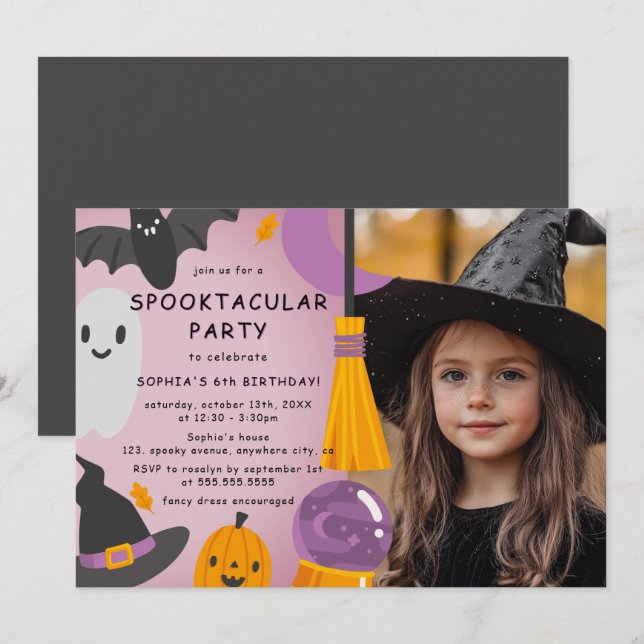 Foto Lila Orange Niedlich Halloween Kindergeburtst Einladung (Vorne/Hinten)