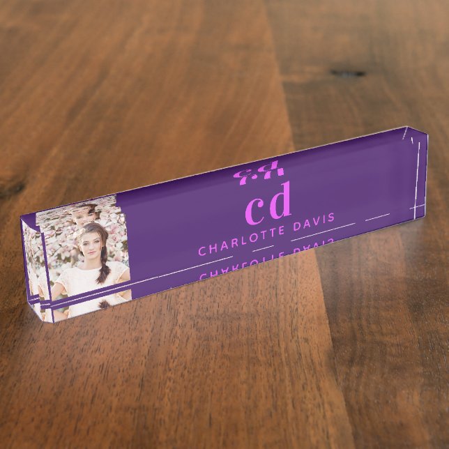 Foto lila rosa Monogramm Initialen elegant Namensplakette (Seite)