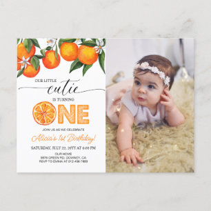 Foto Little Cutie Orange 1. Geburtstagseinladung Postkarte