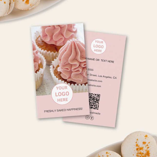 Foto-Logo QR Pink Visitenkarte für Bäckereien (Bakery Custom Photo Logo QR Pink Business Card)