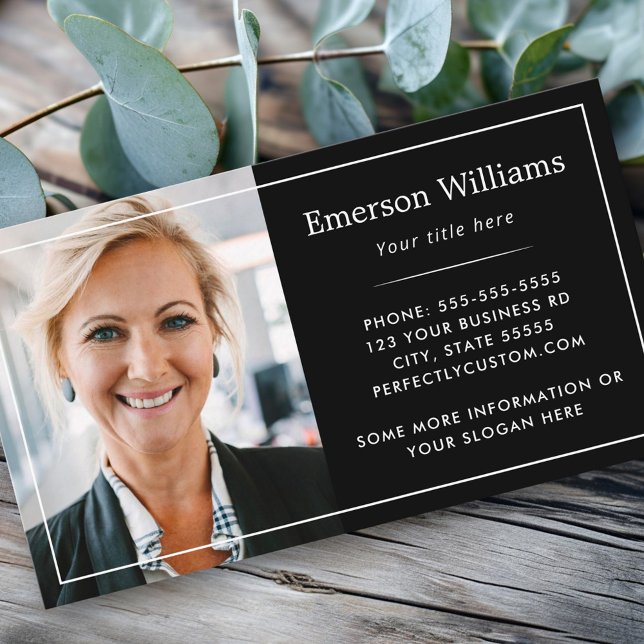 Foto-Logo weiß, dünner Rand elegant schwarz Visitenkarte (Custom photo logo white thin border elegant black business card)