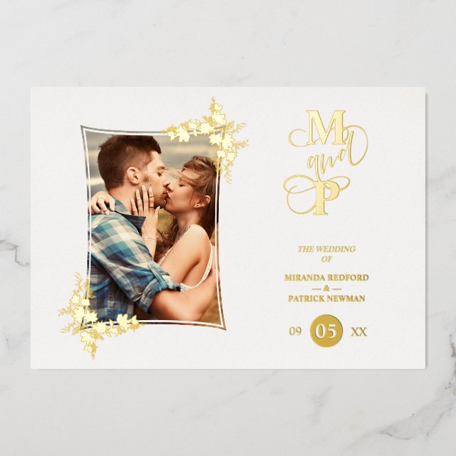 Foto Luxus Real Golden Modern Botanischer Rahmen Folieneinladung (Vorderseite)