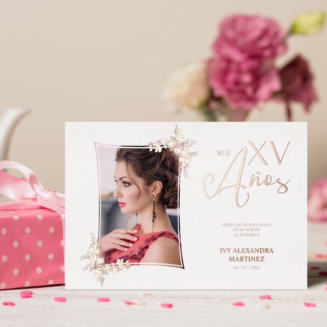 Foto Luxus Real Rose Gold Moderne botanische Rahme Folieneinladung (Von Creator hochgeladen)