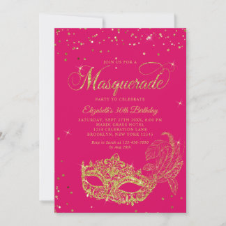 Foto Magenta Pink Gold Maskenball Geburtstag Einladung