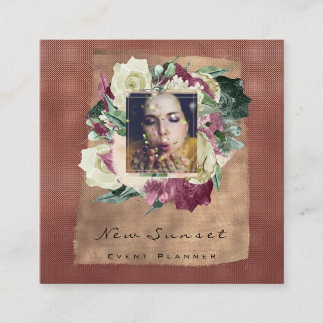 Foto Makeup Blogg Event Planner Floral Burgundy Quadratische Visitenkarte (Vorderseite)