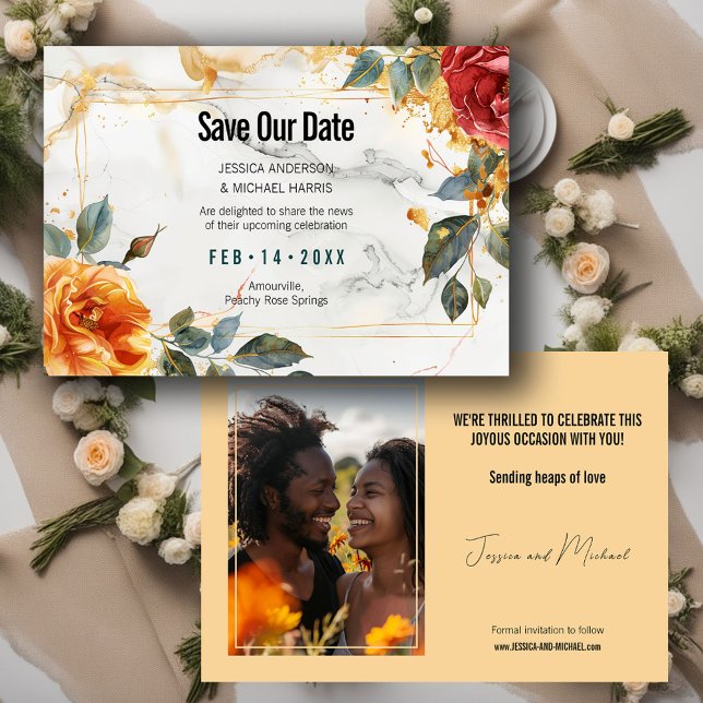 Foto Marmorträume: Orange Rose Elegante Save The Date (With photo Marble Dreams: Orange Rose Elegance Save The Date)