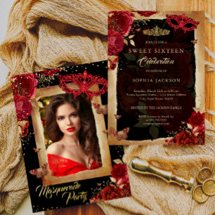 Foto-Maskenball-Party Sweet Sixteen rote Rose Gold Folieneinladung