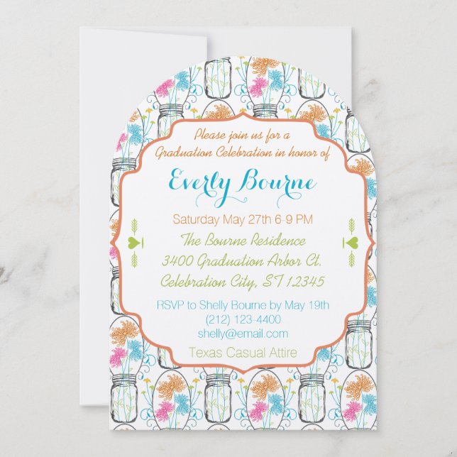Foto Mason Jar Pink Coral Aqua Abschluss Einladung (Vorderseite)