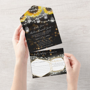 Foto Mason Jar Sonnenblume Black & Gold Hochzeit All In One Einladung