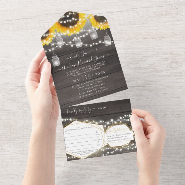 Foto Mason Jar Sonnenblume Geometrischer Goldrahme All In One Einladung (Abreißen)