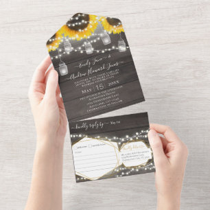 Foto Mason Jar Sonnenblumen Geometrischer Goldrahm All In One Einladung