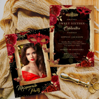 Foto Masquerade Party 16 . Geburtstag Rote Rose Go Folieneinladung