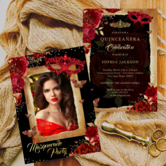 Foto Masquerade Party Quinceanera Rote Rose Gold Folieneinladung